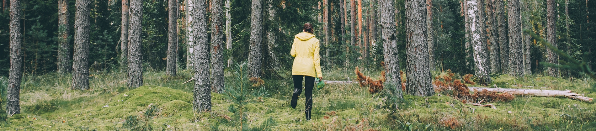 A women in a yellow coat running through a forest A women in a yellow coat running through a forest