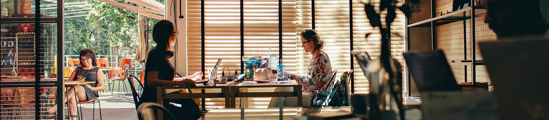 Two women sat in a coffee shop working on laptops Two women sat in a coffee shop working on laptops