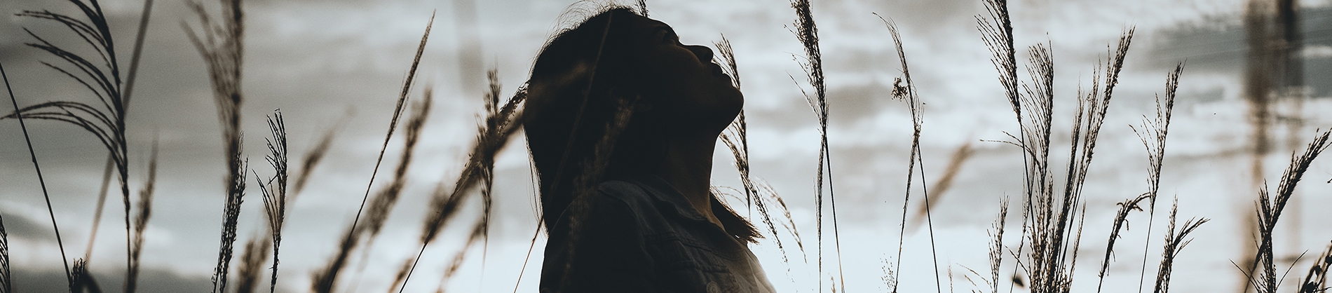 A women stood in a field looking up at a cloudy sky A women stood in a field looking up at a cloudy sky