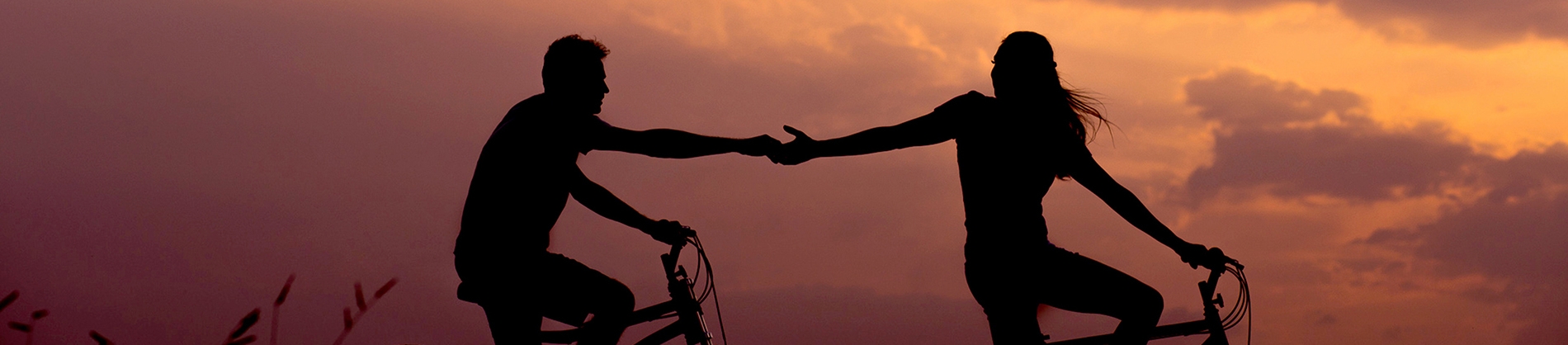 Silhouettes of two people on bikes holding hands with a sunset behind them Silhouettes of two people on bikes holding hands with a sunset behind them