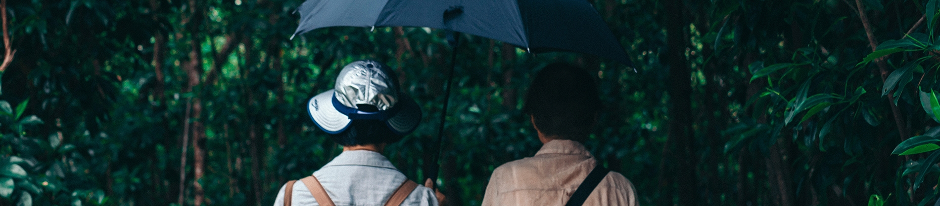 Two elderly women talking through a park with an umbrella up Two elderly women talking through a park with an umbrella up