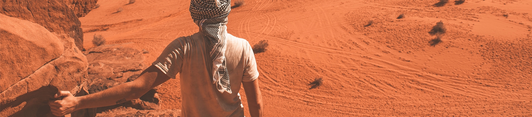 A man stood holding a rock, looking over a desert A man stood holding a rock, looking over a desert