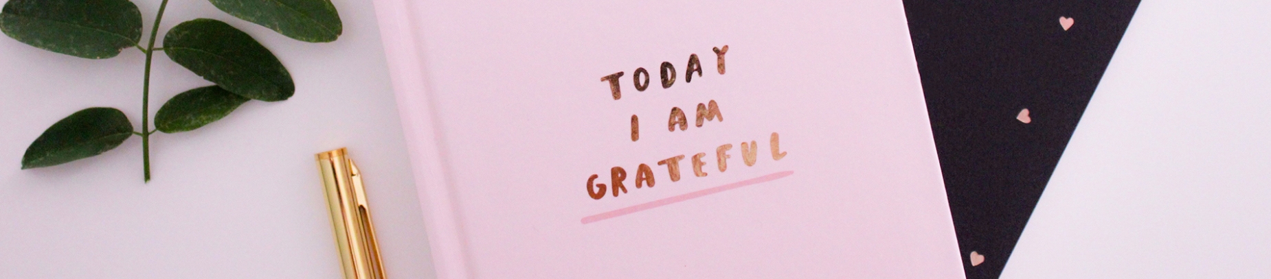 A pink notebook with the words Today I am Grateful in gold lettering on it A pink notebook with the words Today I am Grateful in gold lettering on it