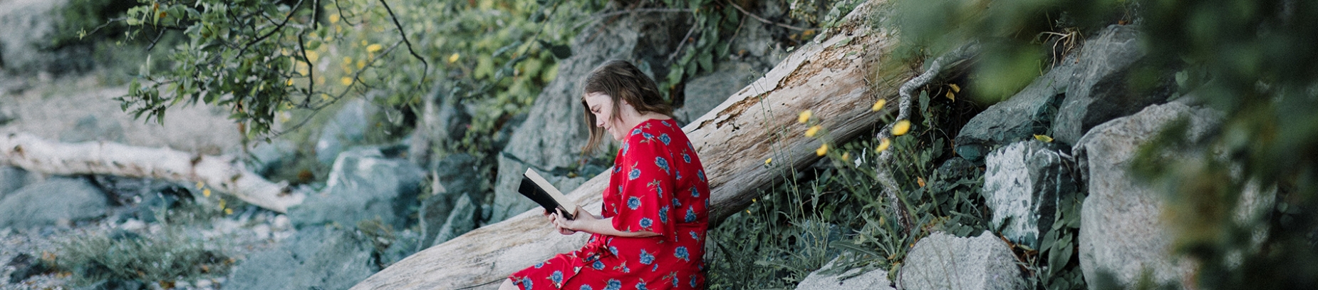 A women in a red dress sat on a rock reading her bible A women in a red dress sat on a rock reading her bible